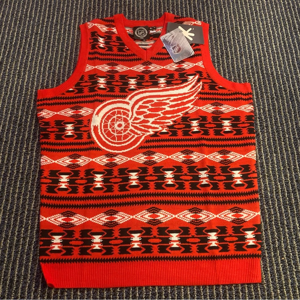 NWT Detroit Red Wings Sweater Vest Ugly Xmas Christmas Sweater Red Black small